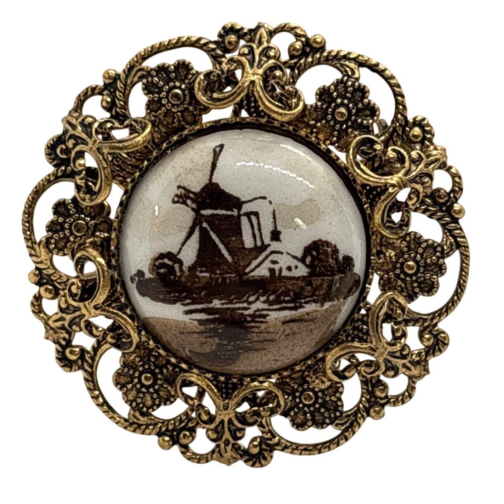 Vintage Gold Tone Filigree Metal Brown Cream Windmill Delft Cabochon Pin Brooch